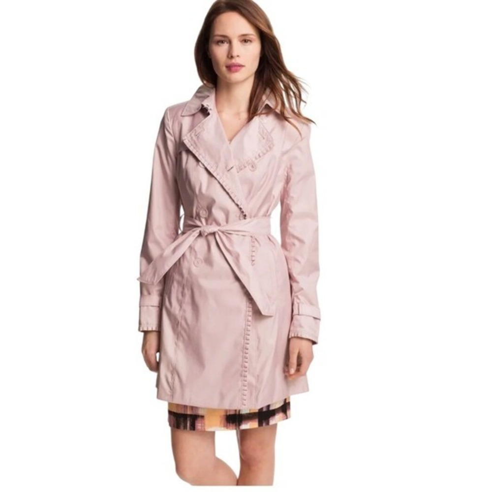 Ivanka‎ Trump Ruffle Trim Double Breasted Trench Coat Womens M Pink Preppy